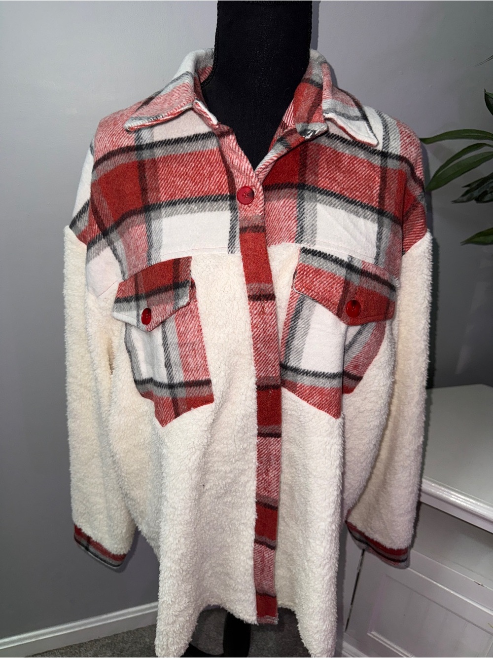 Women’s Cream and Red Plaid Teddy Shacket